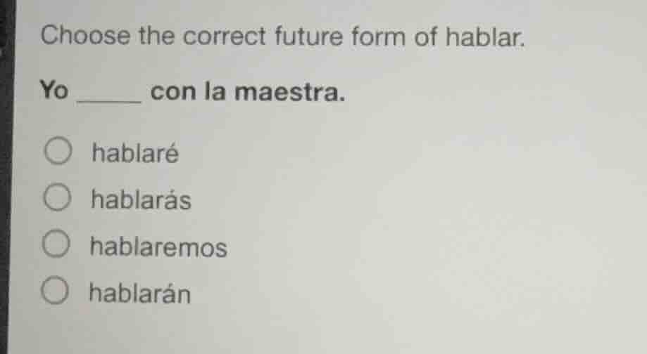 choose the correct future form of hablar. yo ____ con la maestra. ○ hab…