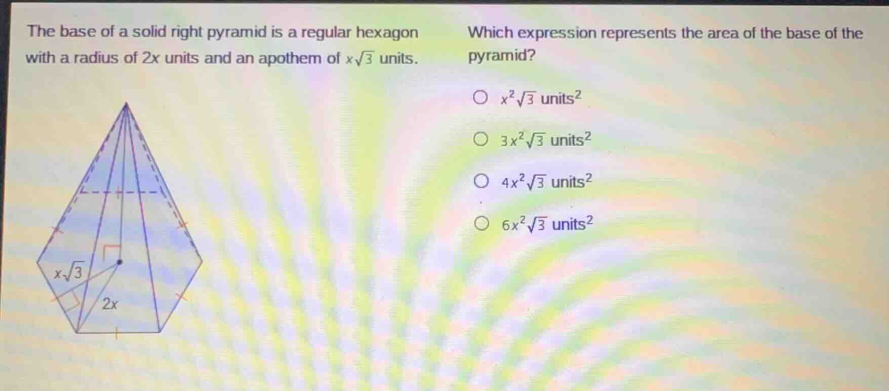 the base of a solid right pyramid is a regular hexagon with a radius of…