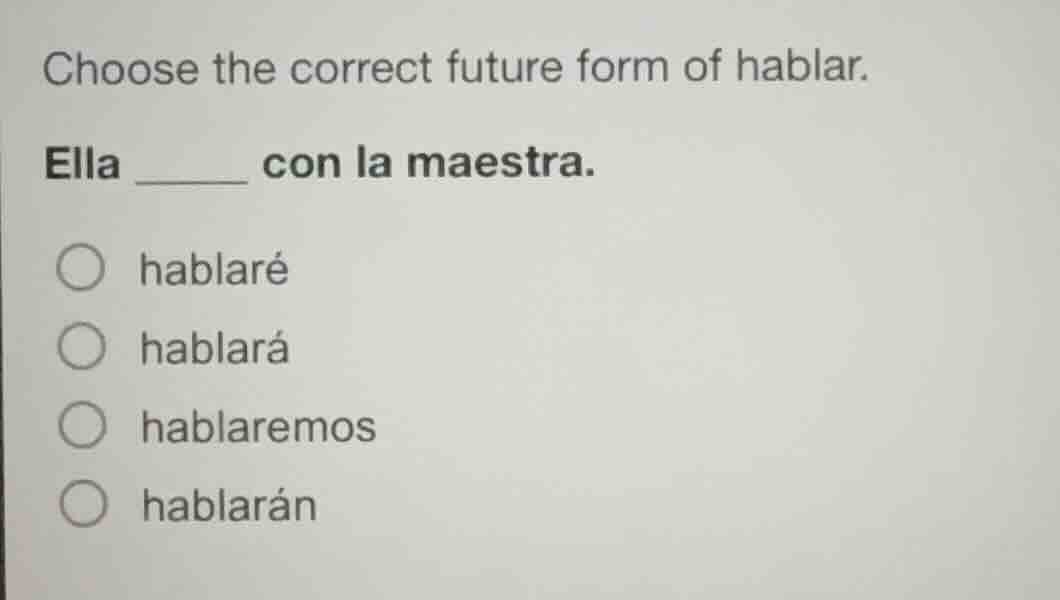 choose the correct future form of hablar. ella ____ con la maestra. ○ h…