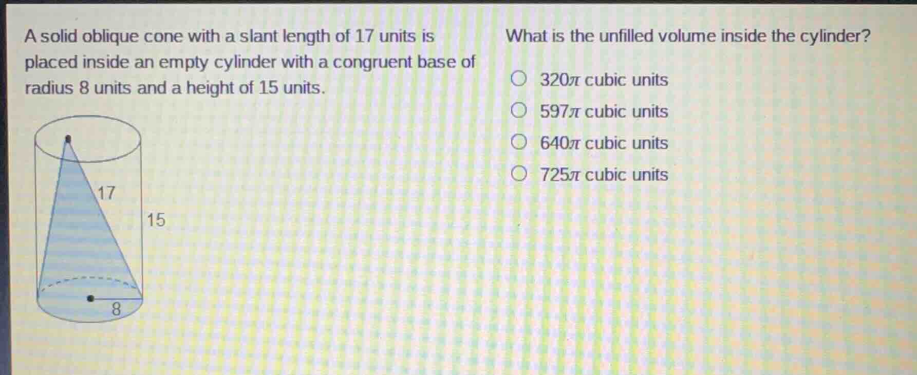 a solid oblique cone with a slant length of 17 units is placed inside a…