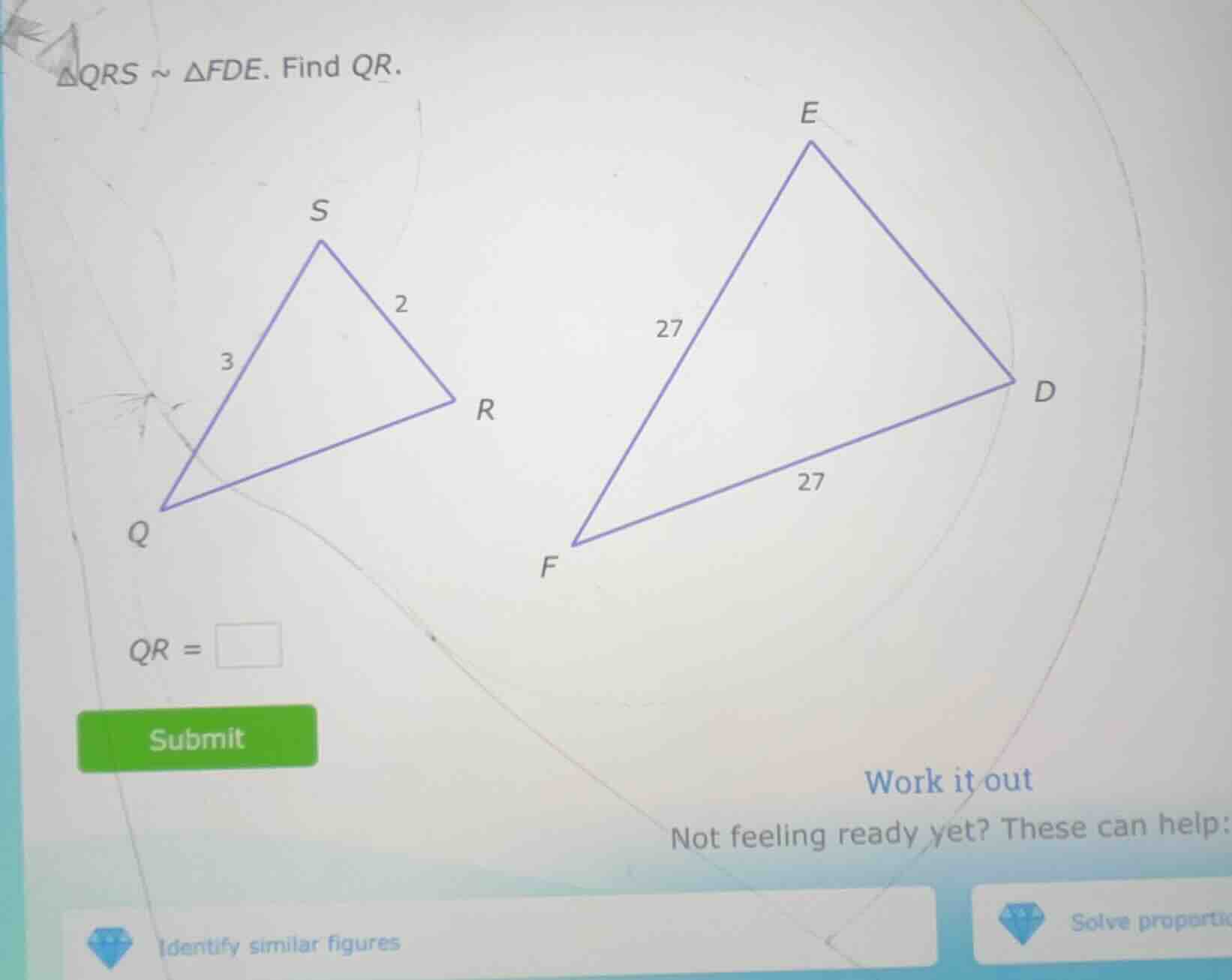 $\\triangle qrs \\sim \\triangle fde$. find $qr$. $qr = \\square$