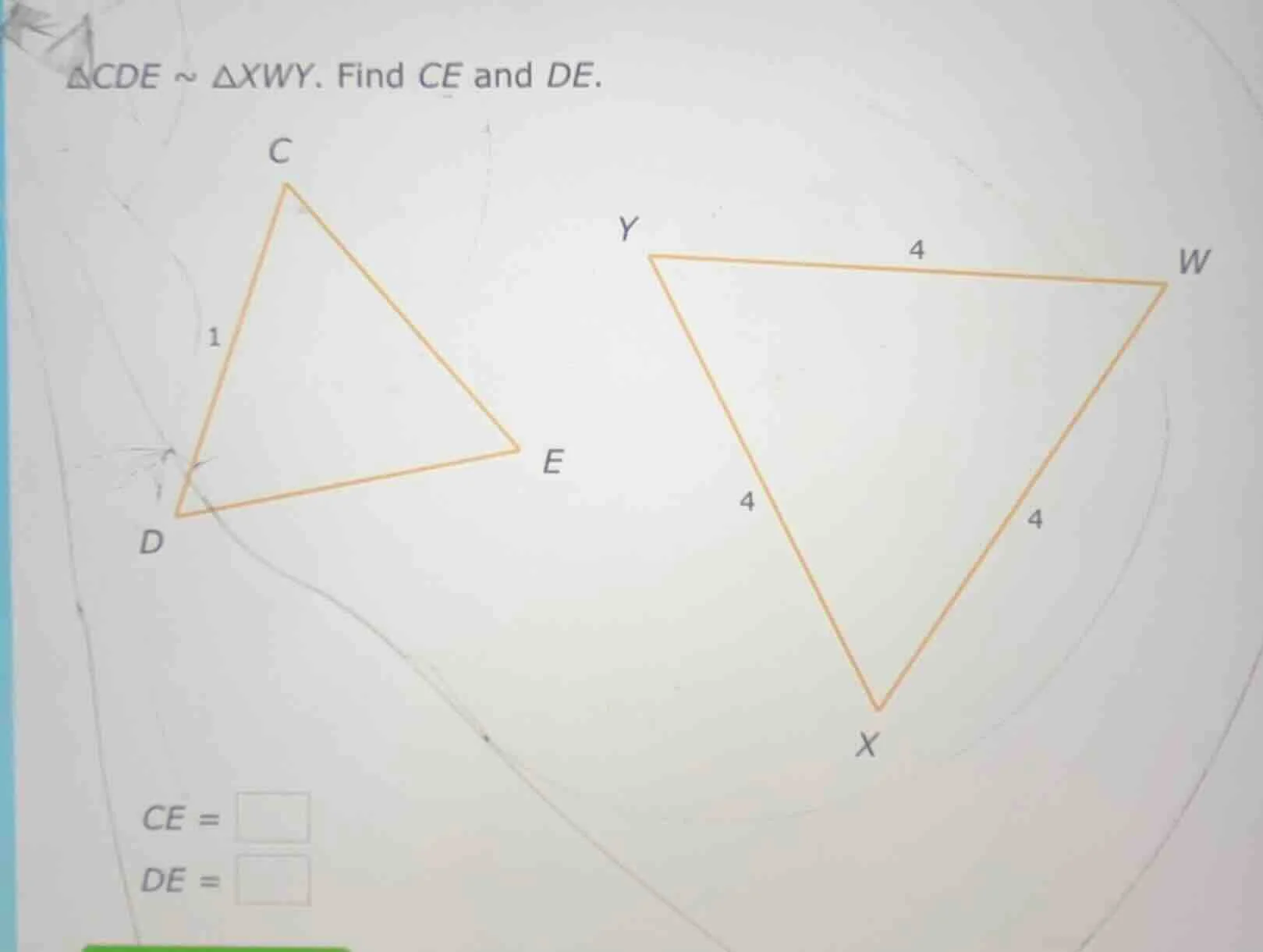 $\\triangle cde \\sim \\triangle xwy$. find $ce$ and $de$.