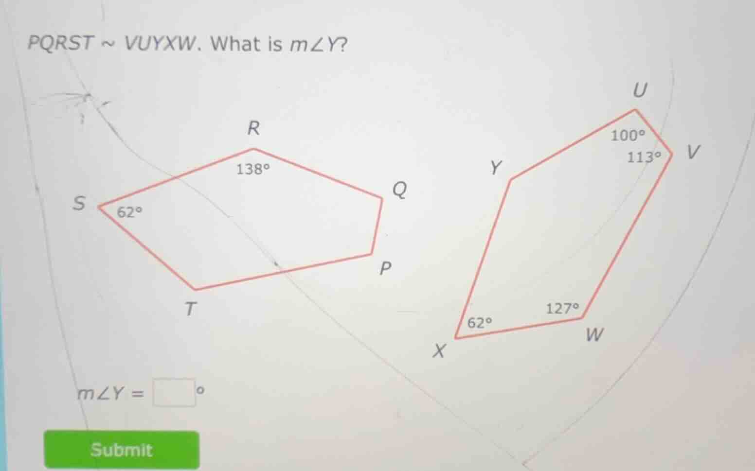 pqrst ~ vuyxw. what is ( mangle y )? ( mangle y = square^circ )