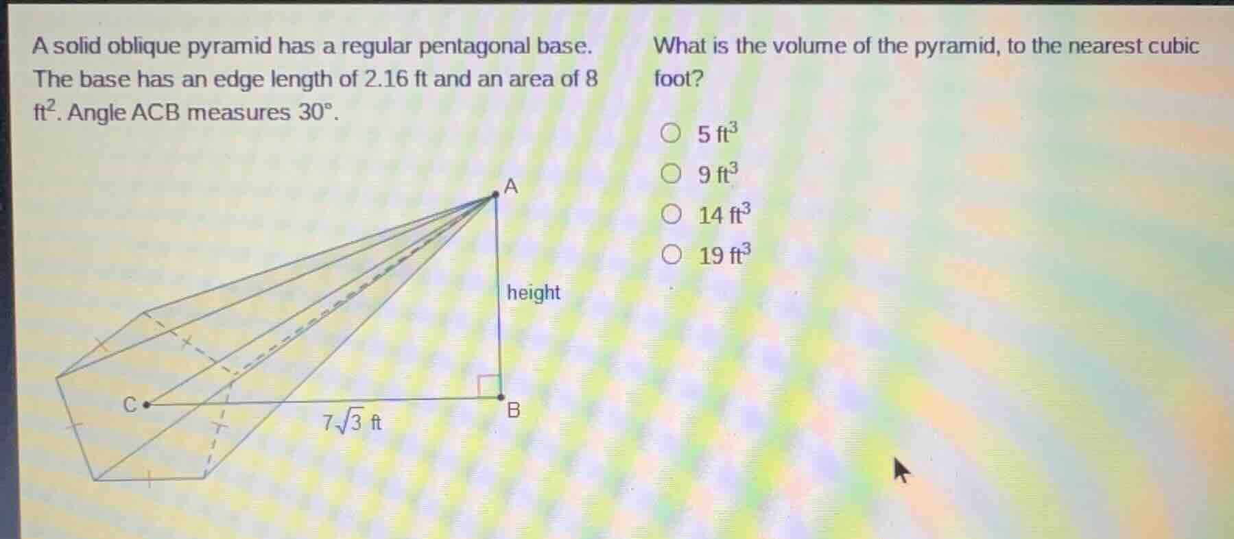 a solid oblique pyramid has a regular pentagonal base. the base has an …