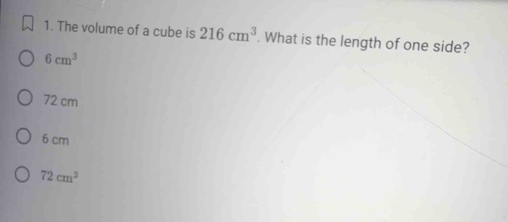 1. the volume of a cube is $216\\ \\mathrm{cm}^3$. what is the length o…