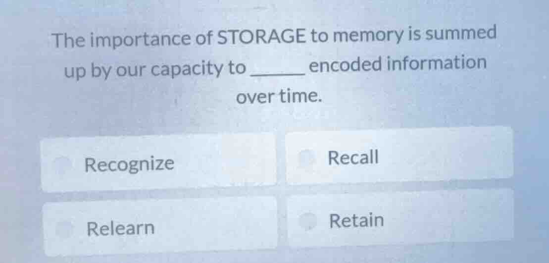 the importance of storage to memory is summed up by our capacity to ___…