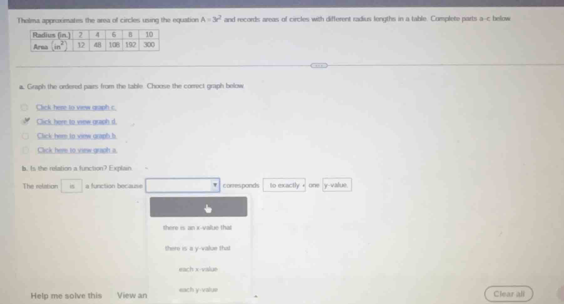 thelma approximates the area of circles using the equation ( a = 3r^2 )…