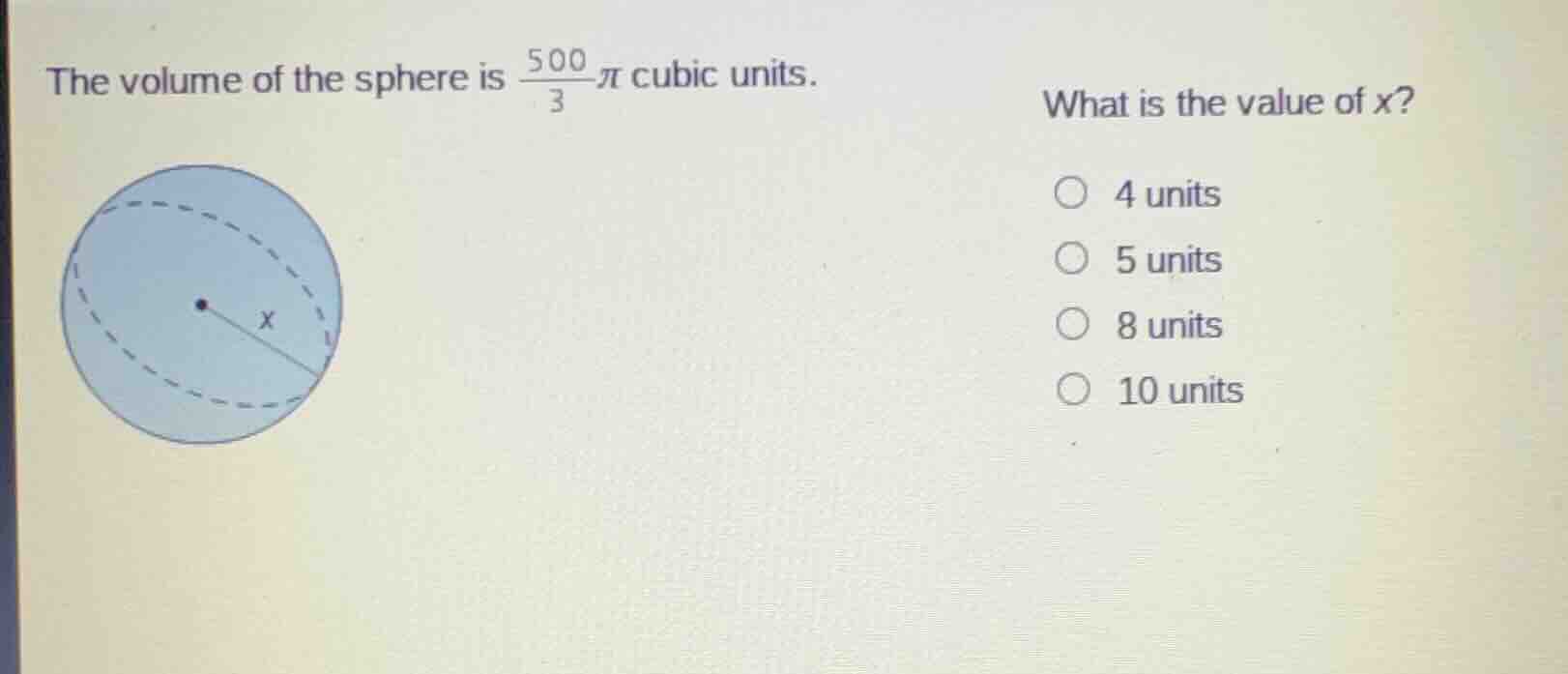 the volume of the sphere is \\(\frac{500}{3}\\pi\\) cubic units. what i…