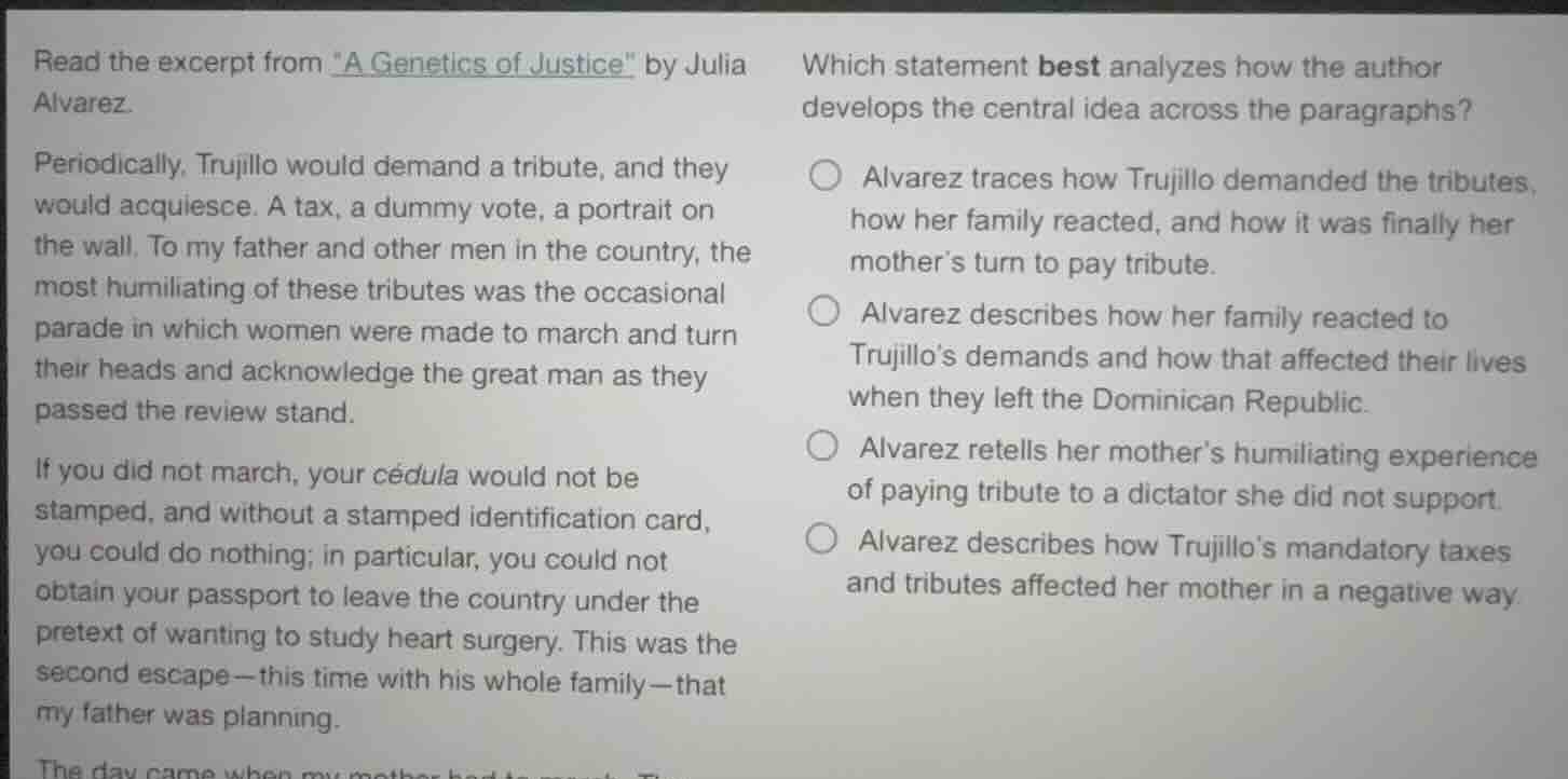 read the excerpt from \a genetics of justice\ by julia alvarez. periodi…