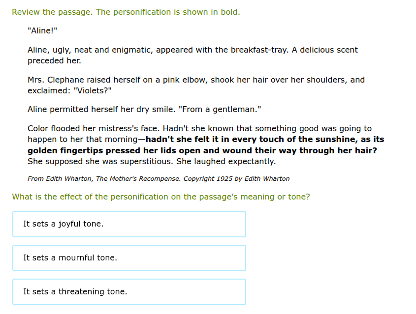 review the passage. the personification is shown in bold. \aline!\ alin…