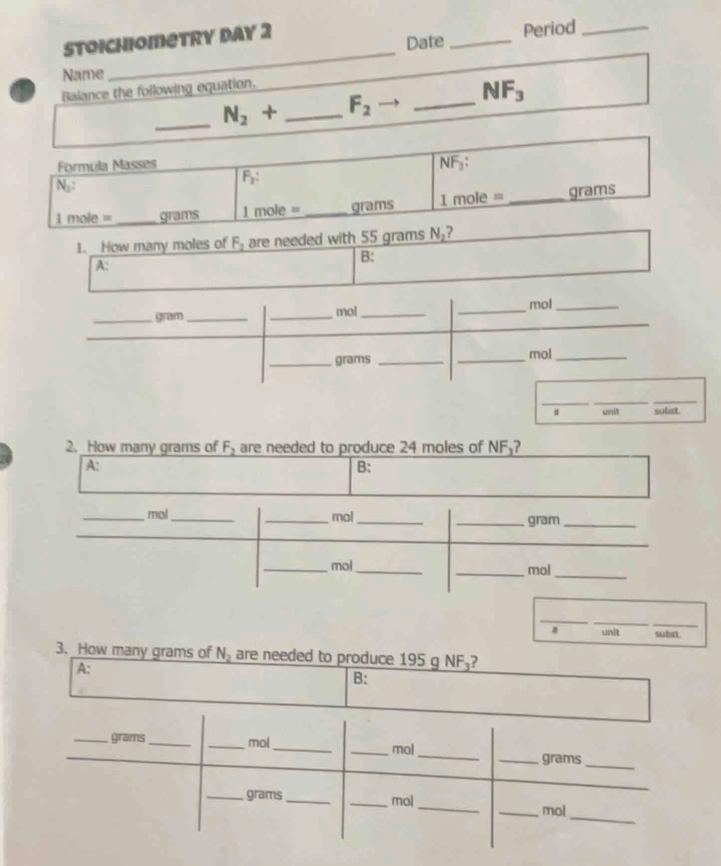 stoichiometry day 2 name date period balance the following equation. __…