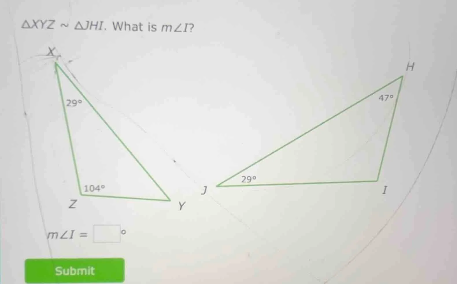 $\\triangle xyz \\sim \\triangle jhi$. what is $m\\angle i$? $m\\angle …