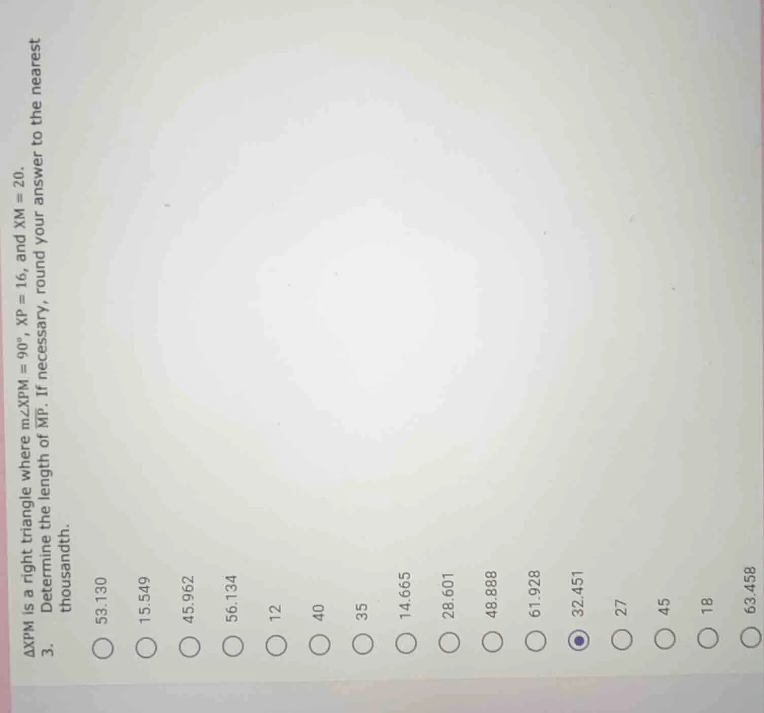 △xpm is a right triangle where ( mangle xpm = 90^circ ), ( xp = 16 ), a…