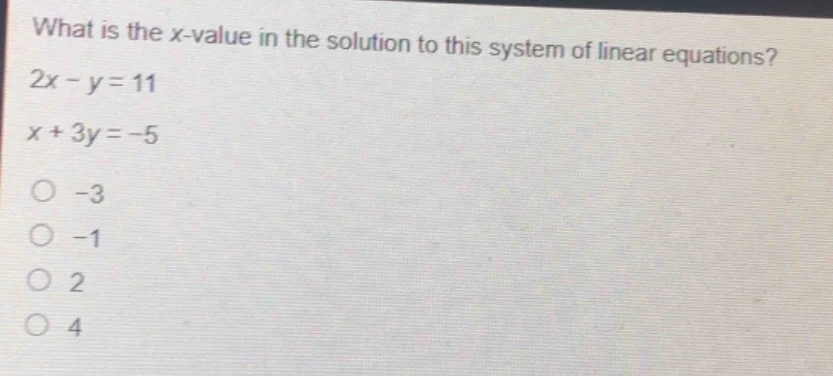 what is the x - value in the solution to this system of linear equation…