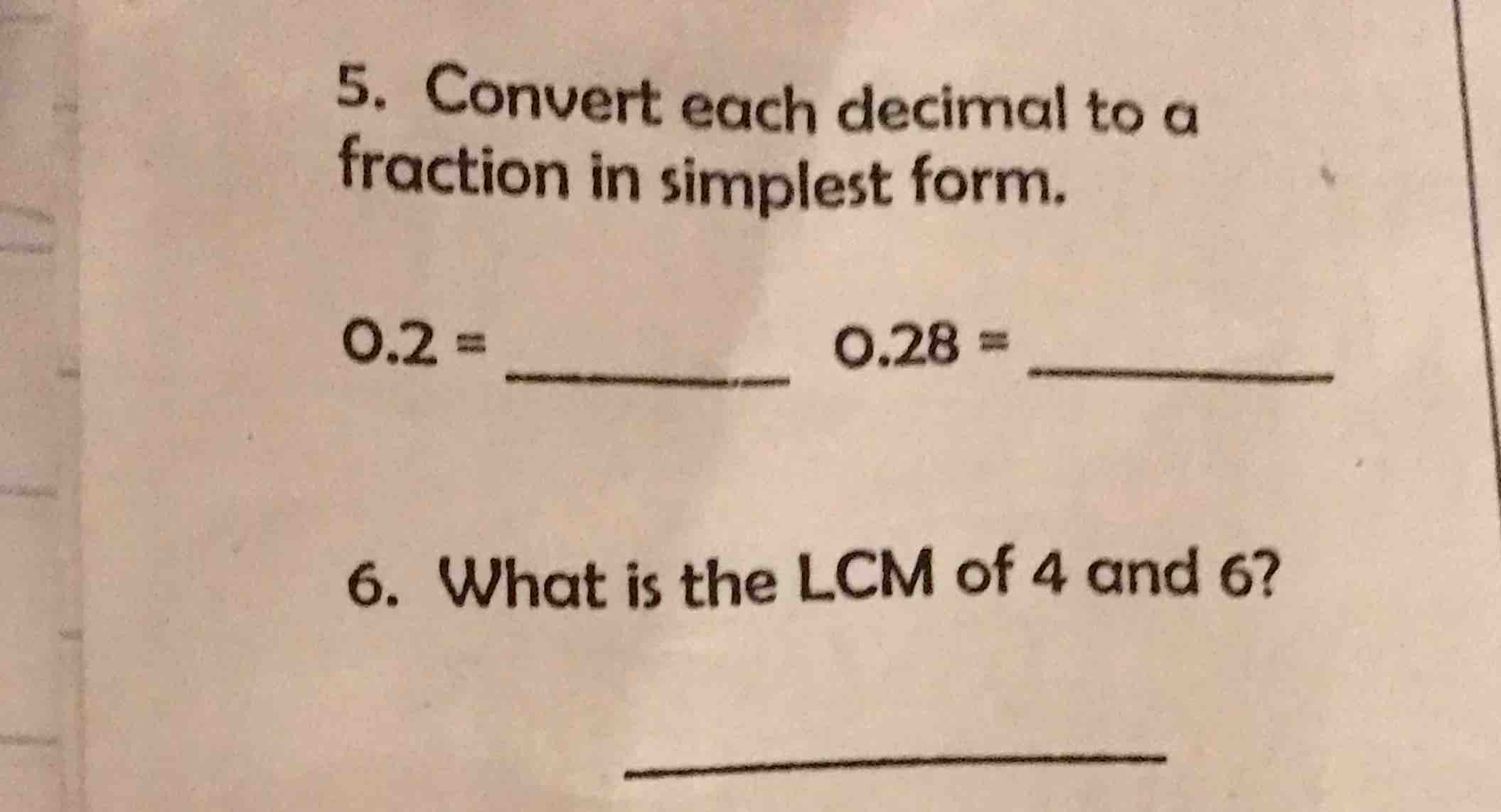 5. convert each decimal to a fraction in simplest form. 0.2 = ______ 0.…