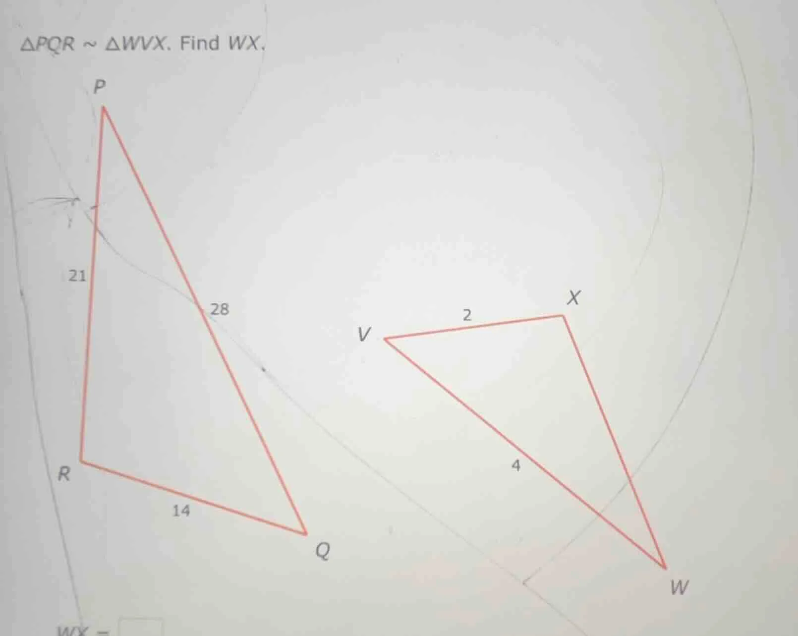 $\\triangle pqr \\sim \\triangle wvx$. find $wx$.