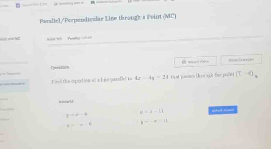 parallel/perpendicular line through a point (mc) question find the equa…