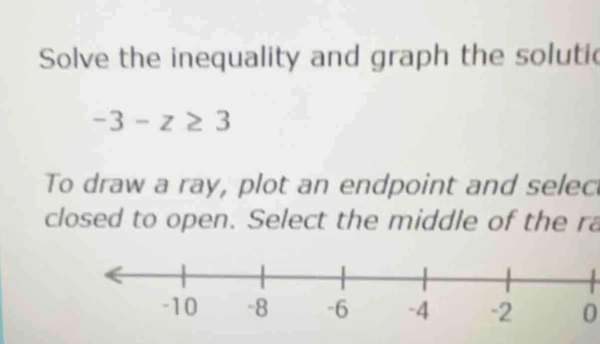 solve the inequality and graph the solutio -3 - z ≥ 3 to draw a ray, pl…