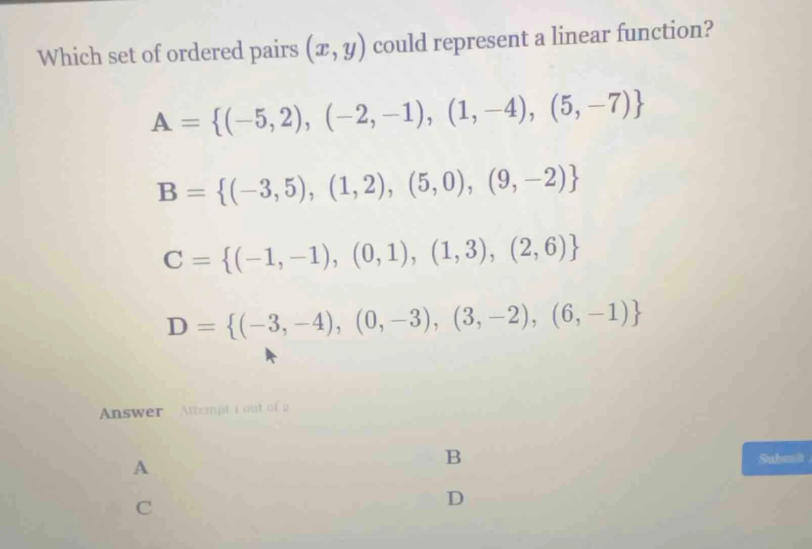 which set of ordered pairs ((x, y)) could represent a linear function? …
