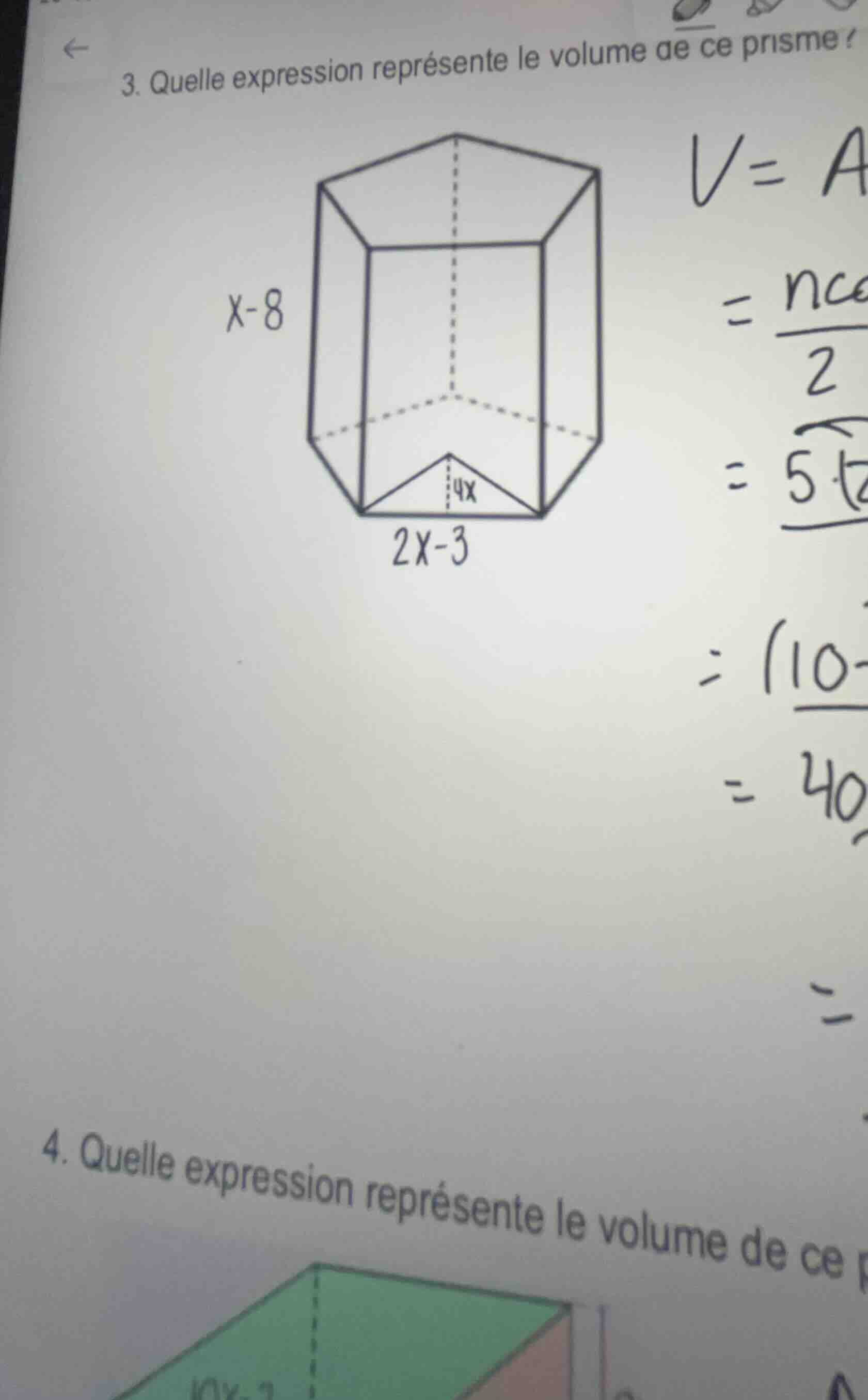 3. quelle expression représente le volume de ce prisme? 4. quelle expre…
