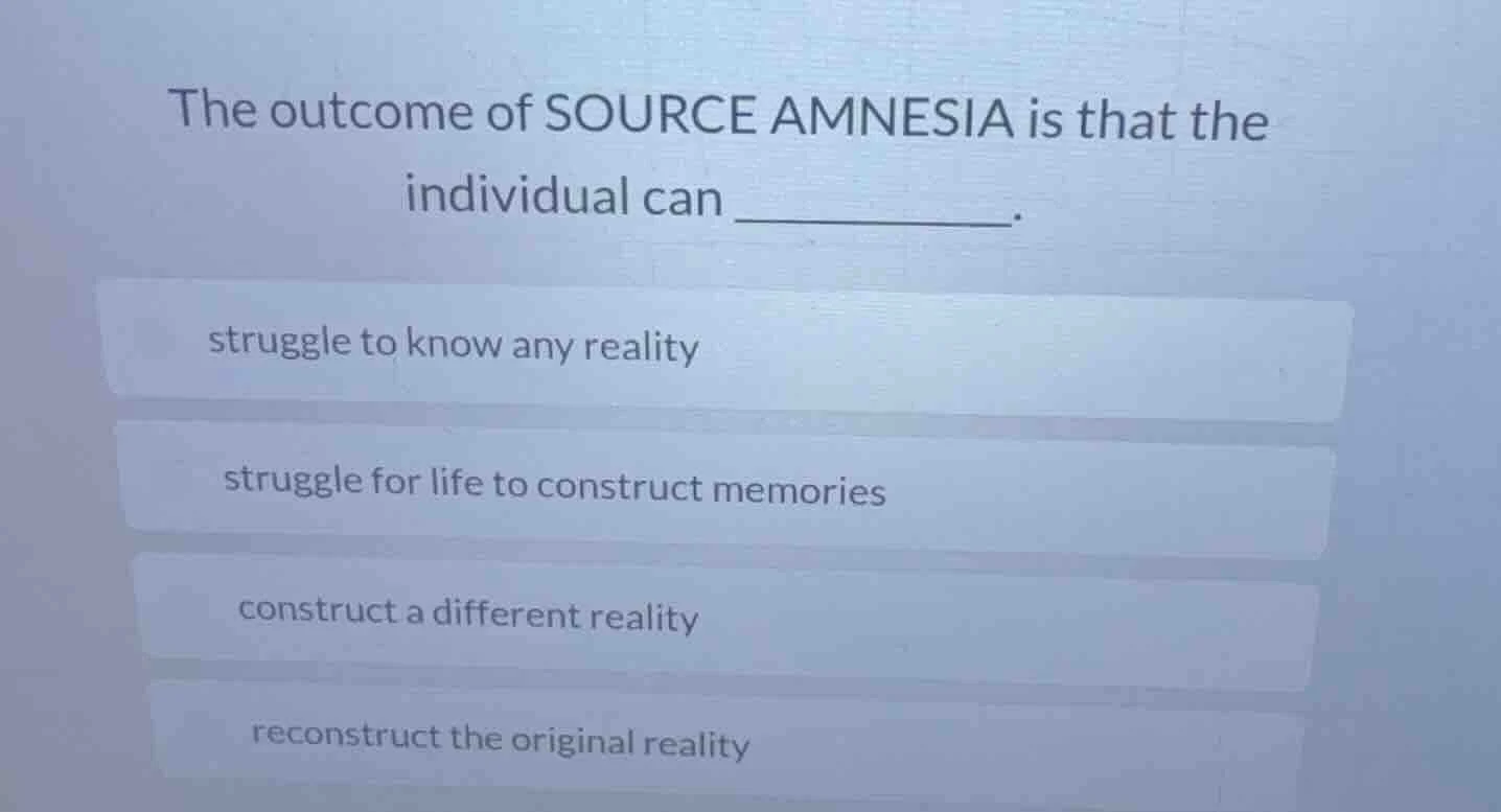 the outcome of source amnesia is that the individual can ________. stru…