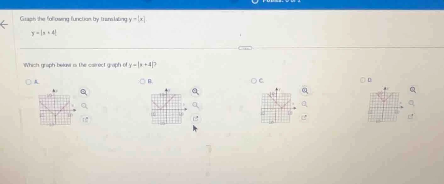 graph the following function by translating ( y = |x| ). ( y = |x + 4| …