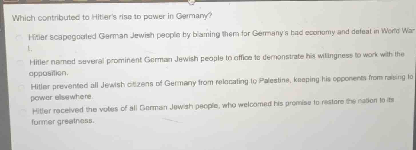 which contributed to hitlers rise to power in germany? hitler scapegoat…