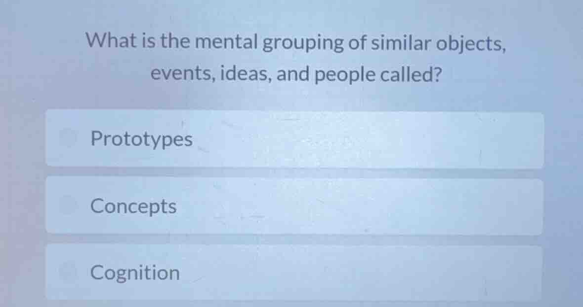 what is the mental grouping of similar objects, events, ideas, and peop…