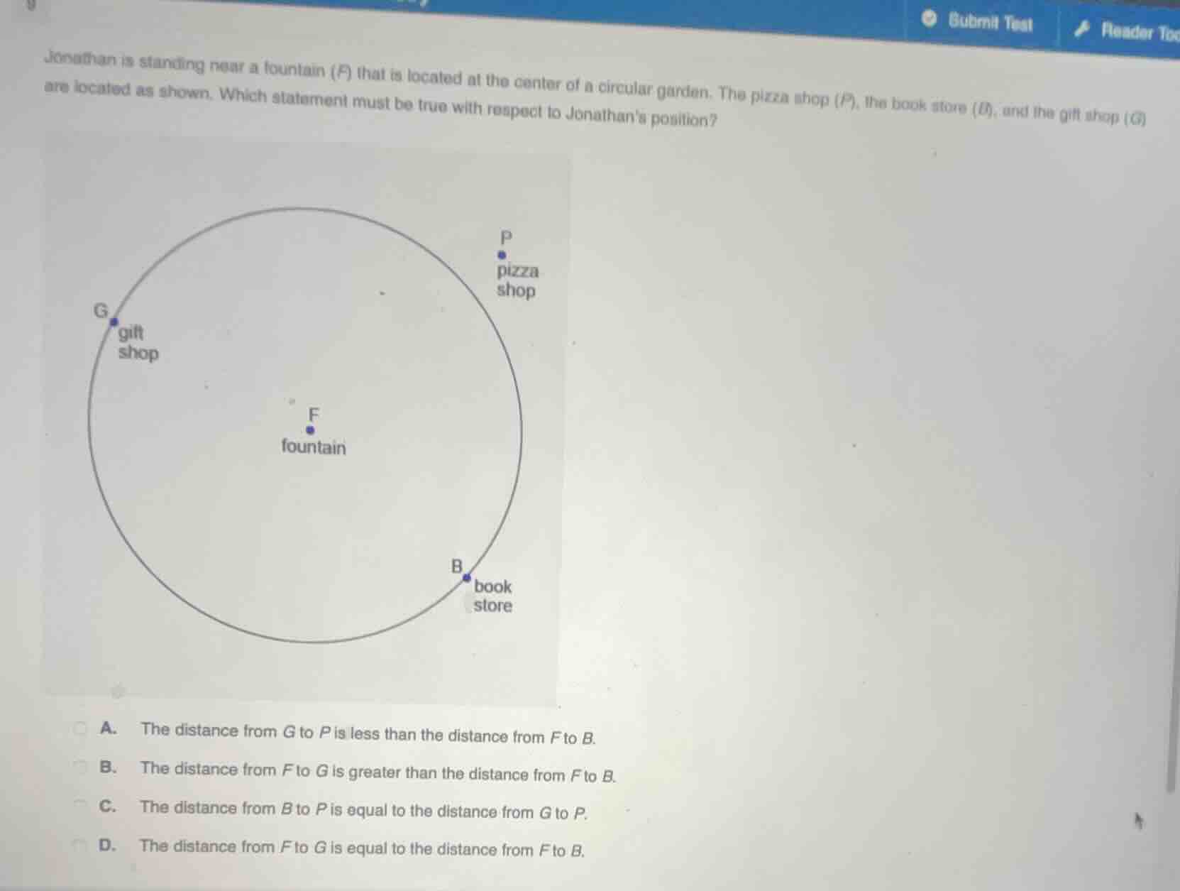 jonathan is standing near a fountain (f) that is located at the center …