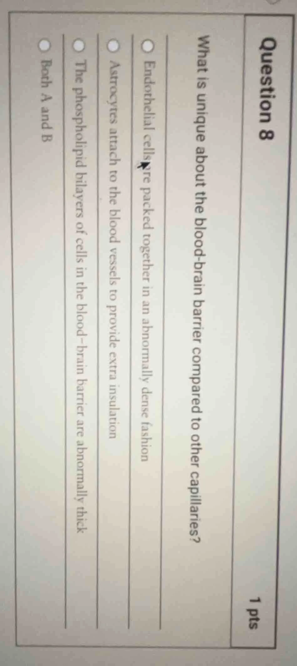 question 8 1 pts what is unique about the blood - brain barrier compare…