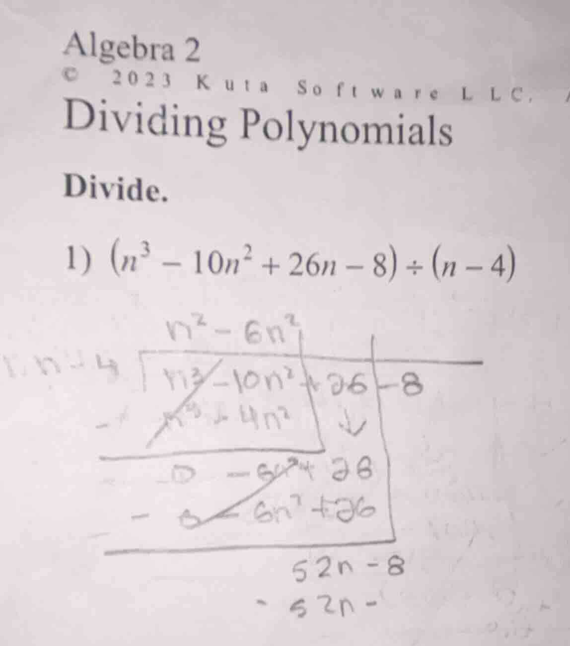 algebra 2 © 2023 kuta software llc, dividing polynomials divide. 1) $(n…