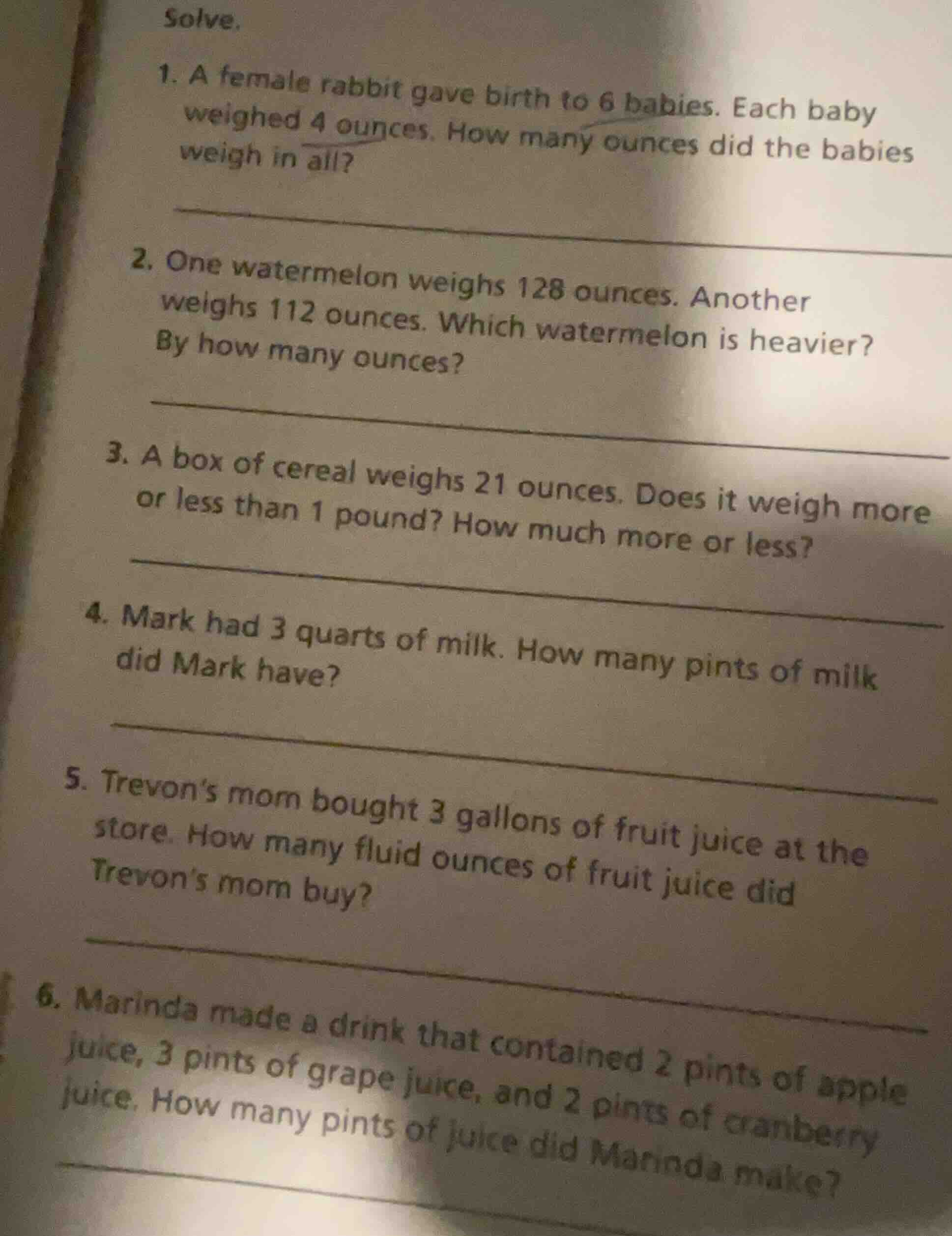 solve. 1. a female rabbit gave birth to 6 babies. each baby weighed 4 o…