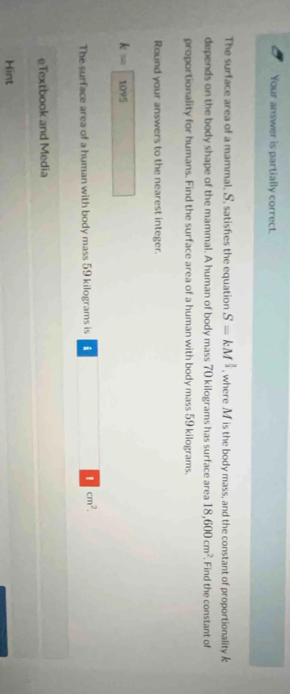 the surface area of a mammal, s, satisfies the equation ( s = km^{\frac…