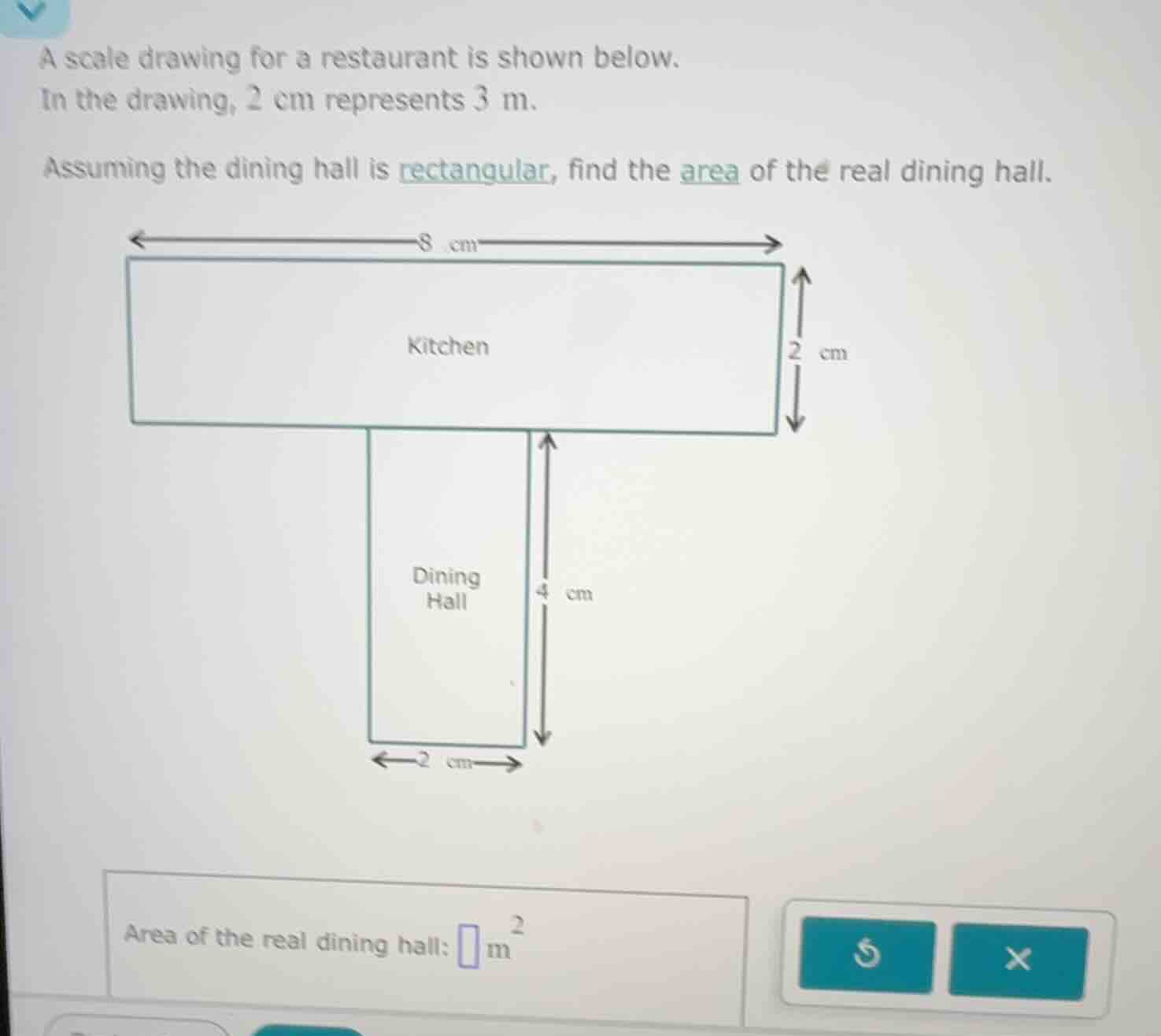 a scale drawing for a restaurant is shown below. in the drawing, 2 cm r…