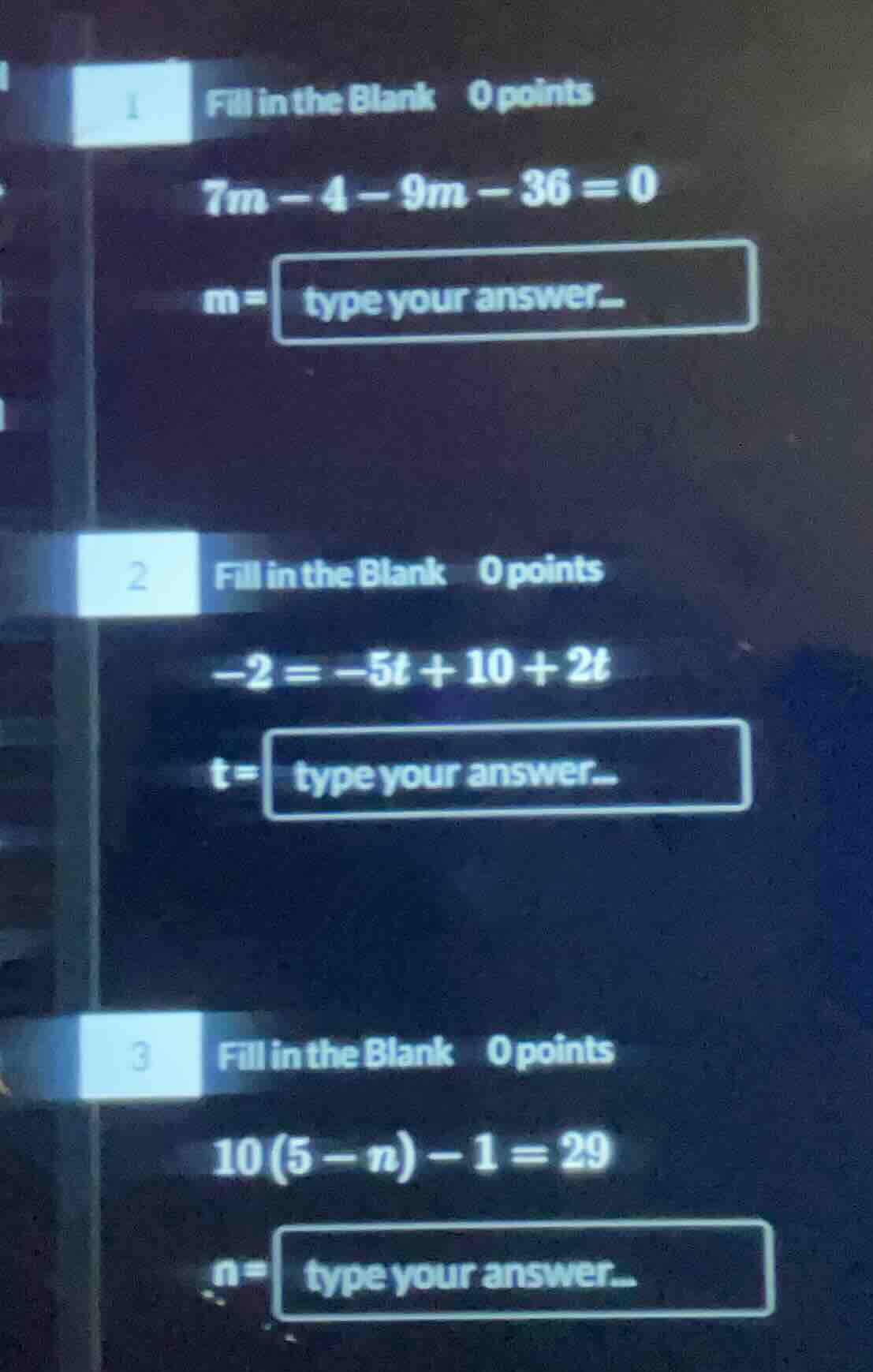 1 fill in the blank 0 points 7m - 4 - 9m - 36 = 0 m = type your answer.…