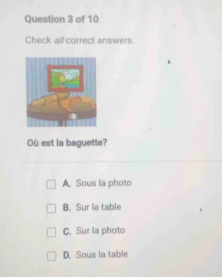 question 3 of 10 check all correct answers. où est la baguette? a. sous…