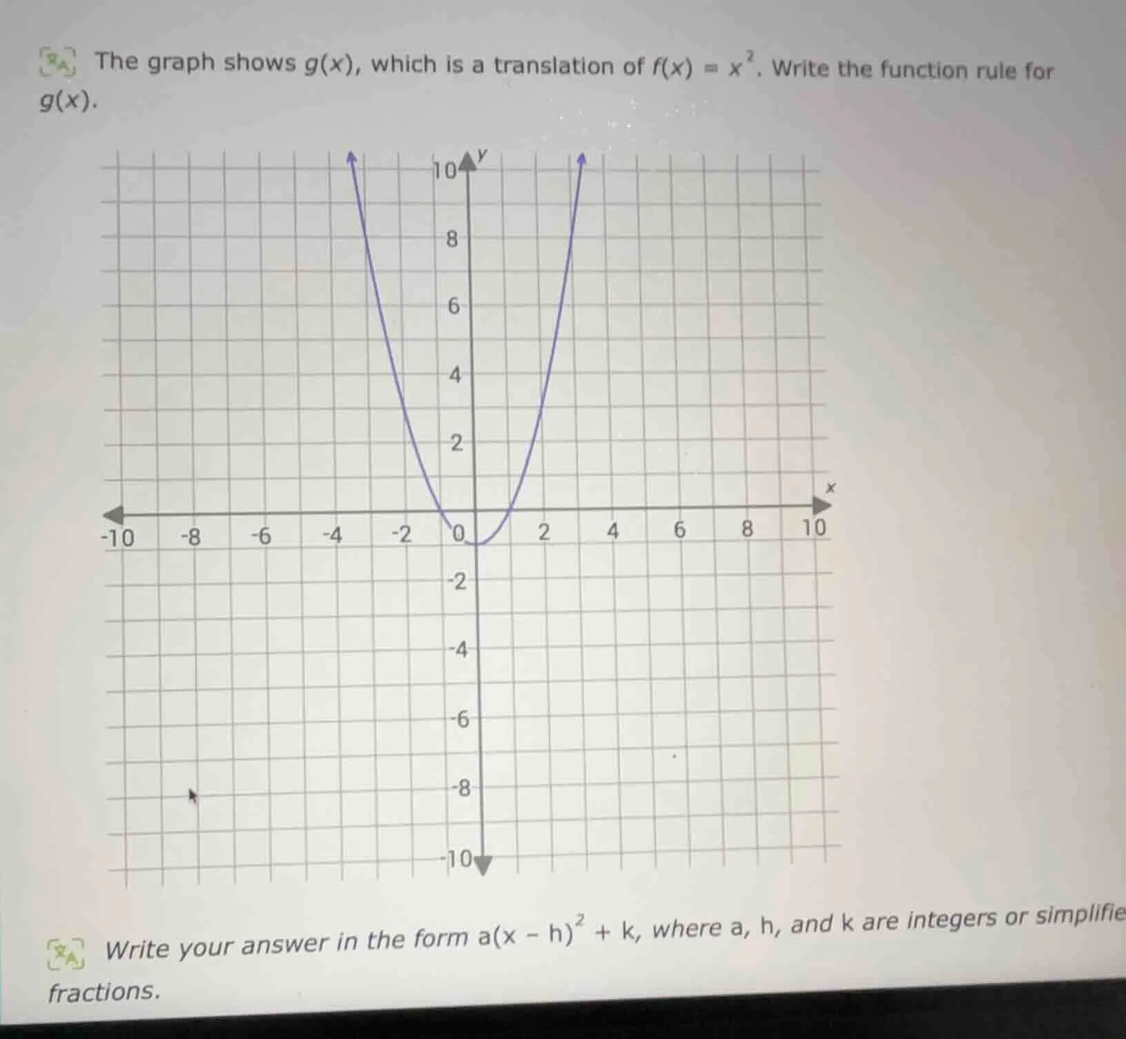 the graph shows g(x), which is a translation of $f(x)=x^2$. write the f…