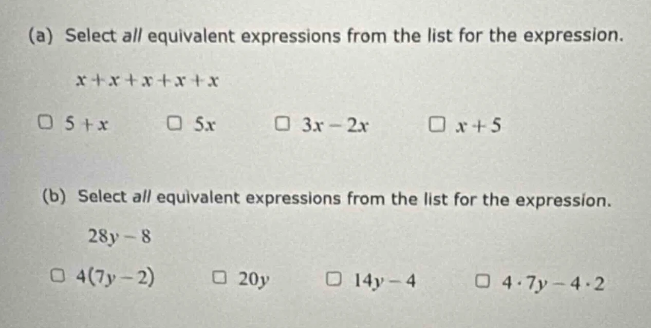 (a) select all equivalent expressions from the list for the expression.…