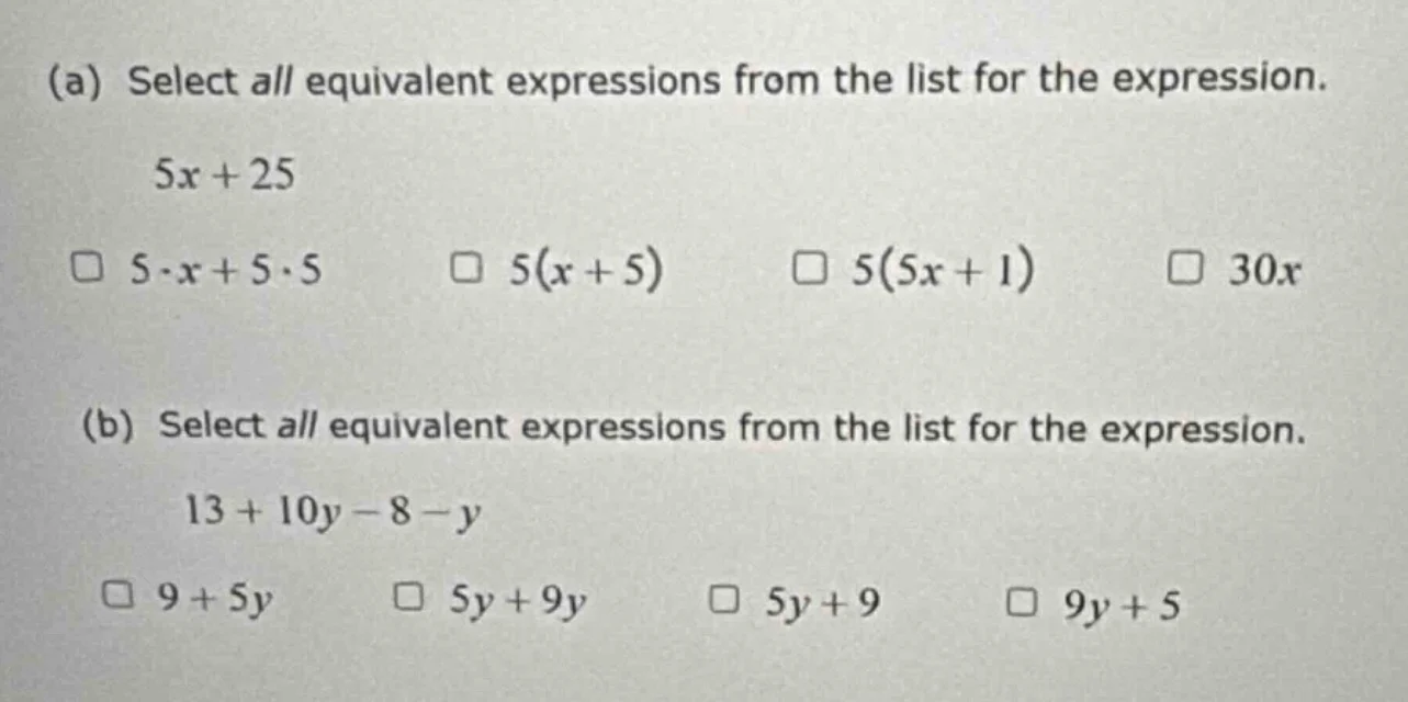 (a) select all equivalent expressions from the list for the expression.…