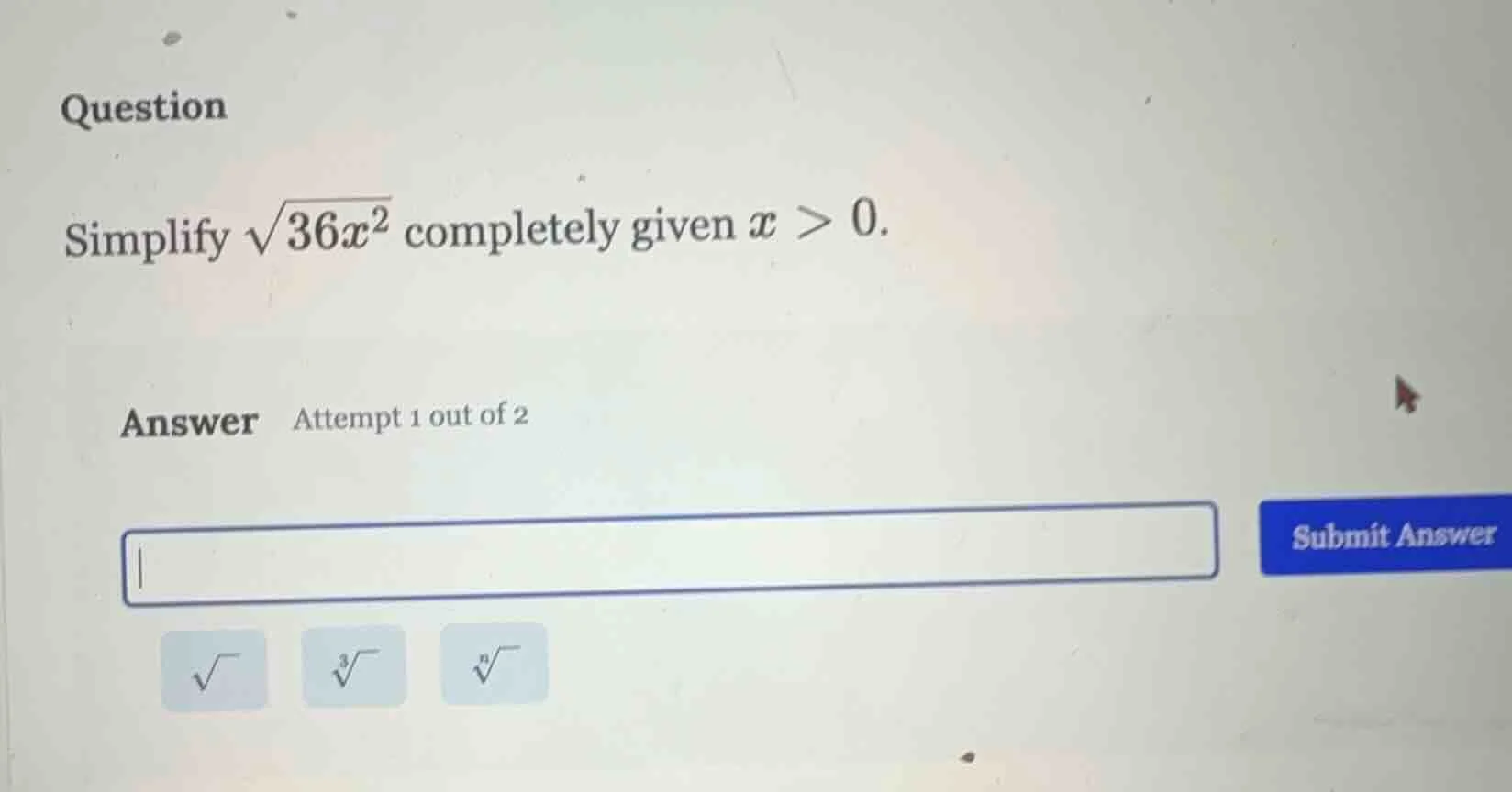 question simplify \\(\\sqrt{36x^2}\\) completely given \\(x > 0\\). ans…