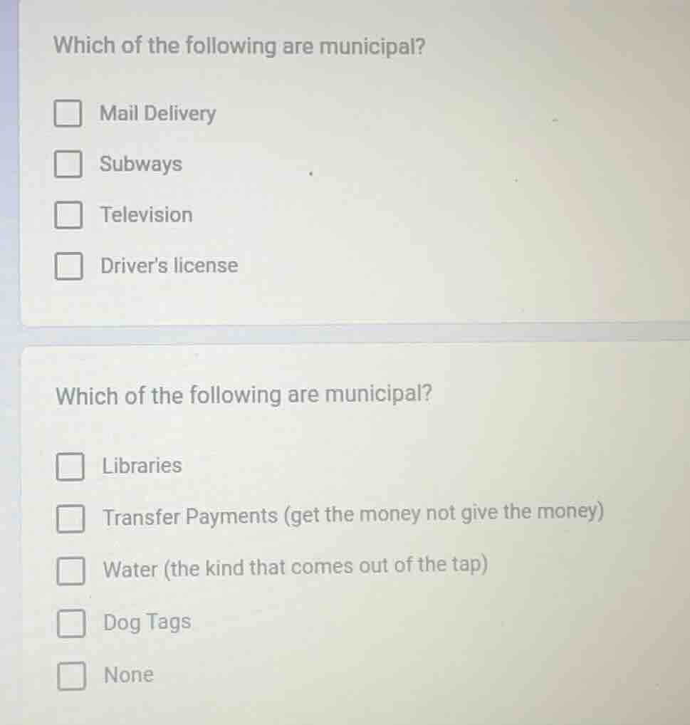 which of the following are municipal? mail delivery subways television …