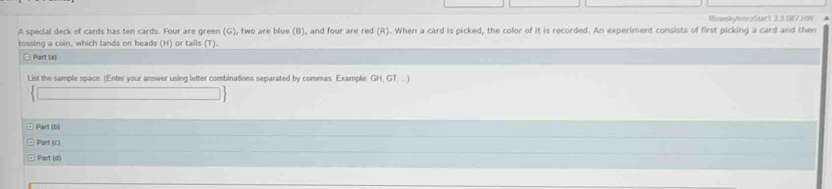 a special deck of cards has ten cards. four are green (g), two are blue…