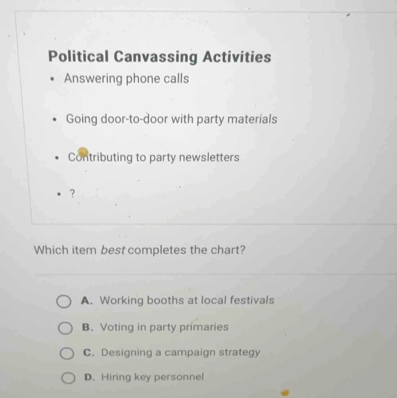 political canvassing activities - answering phone calls - going door - …
