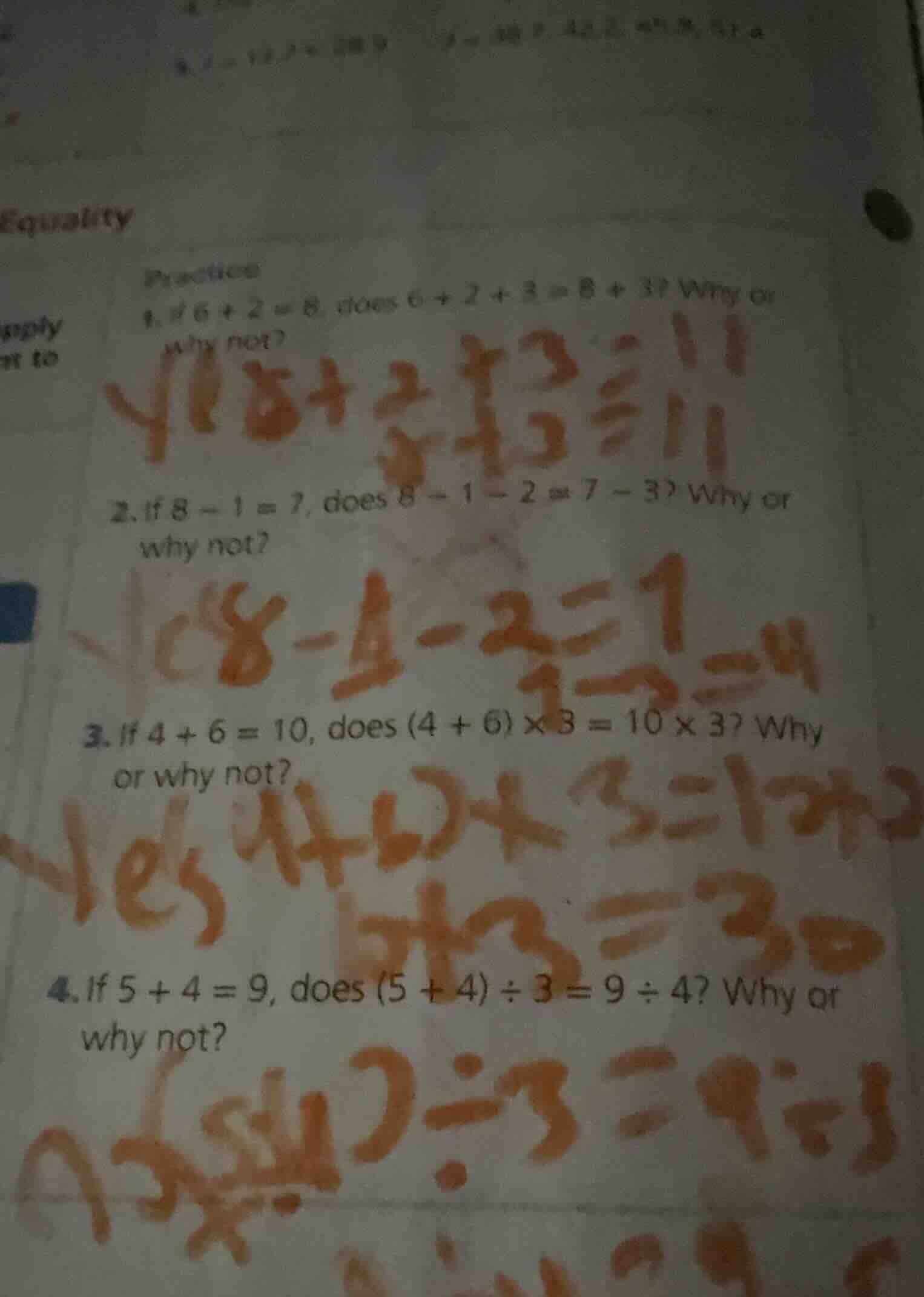 equality practice 1. if 6 + 2 = 8, does 6 + 2 + 3 = 8 + 3? why or why n…