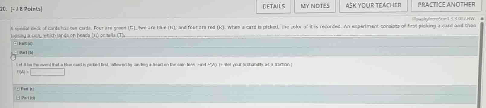 a special deck of cards has ten cards. four are green (g), two are blue…