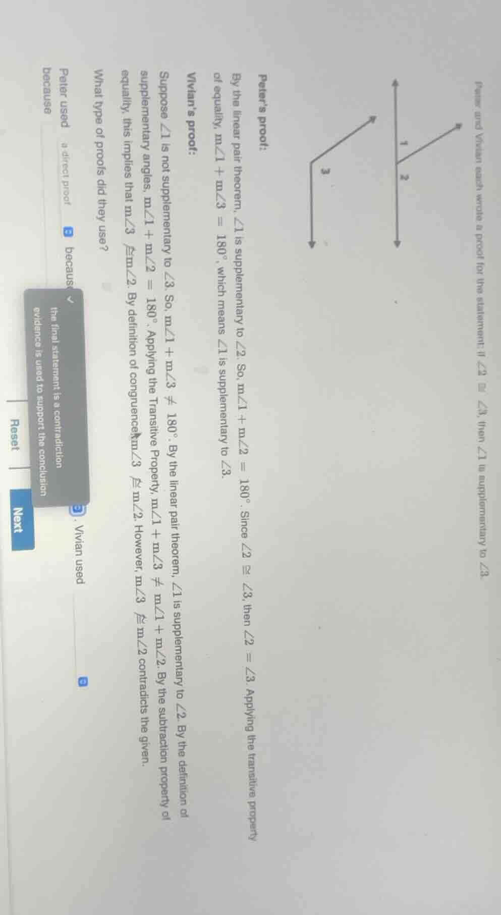 peter and vivian each wrote a proof for the statement: if ∠2 ≅ ∠3, then…
