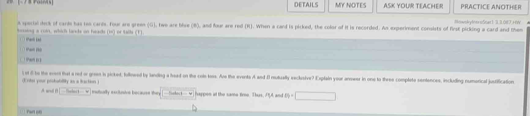 a special deck of cards has ten cards. four are green (g), two are blue…