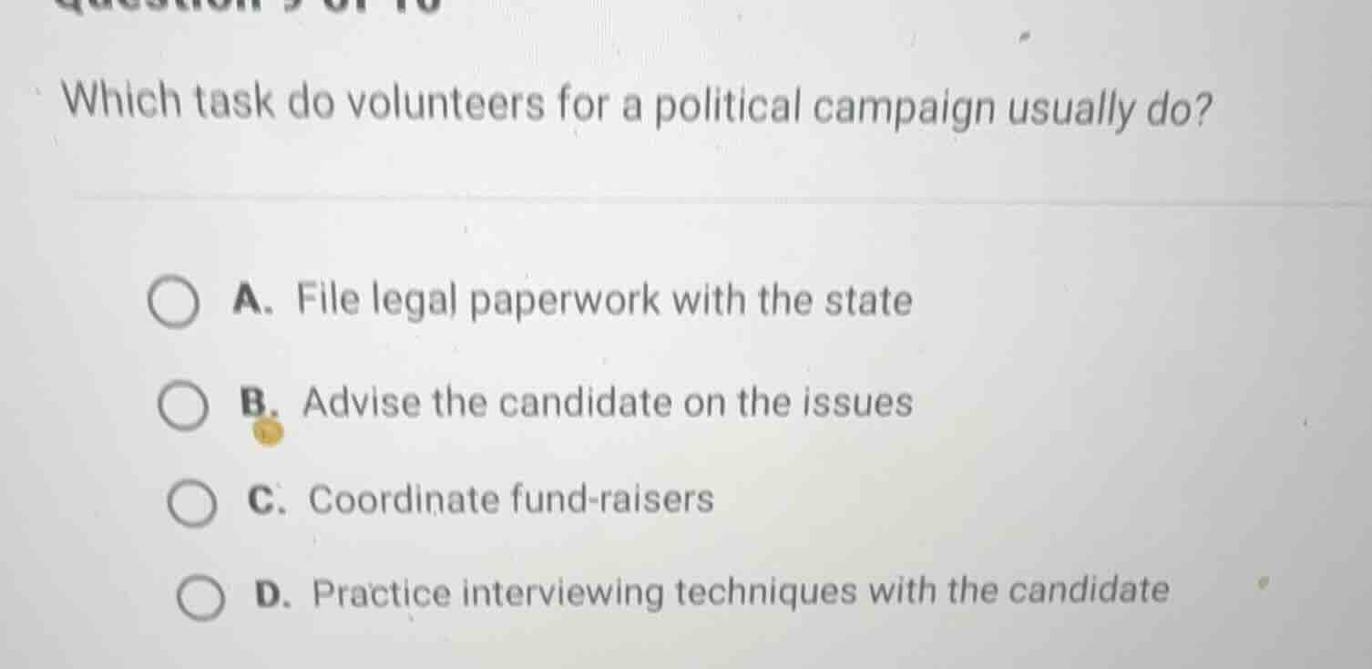 which task do volunteers for a political campaign usually do? a. file l…