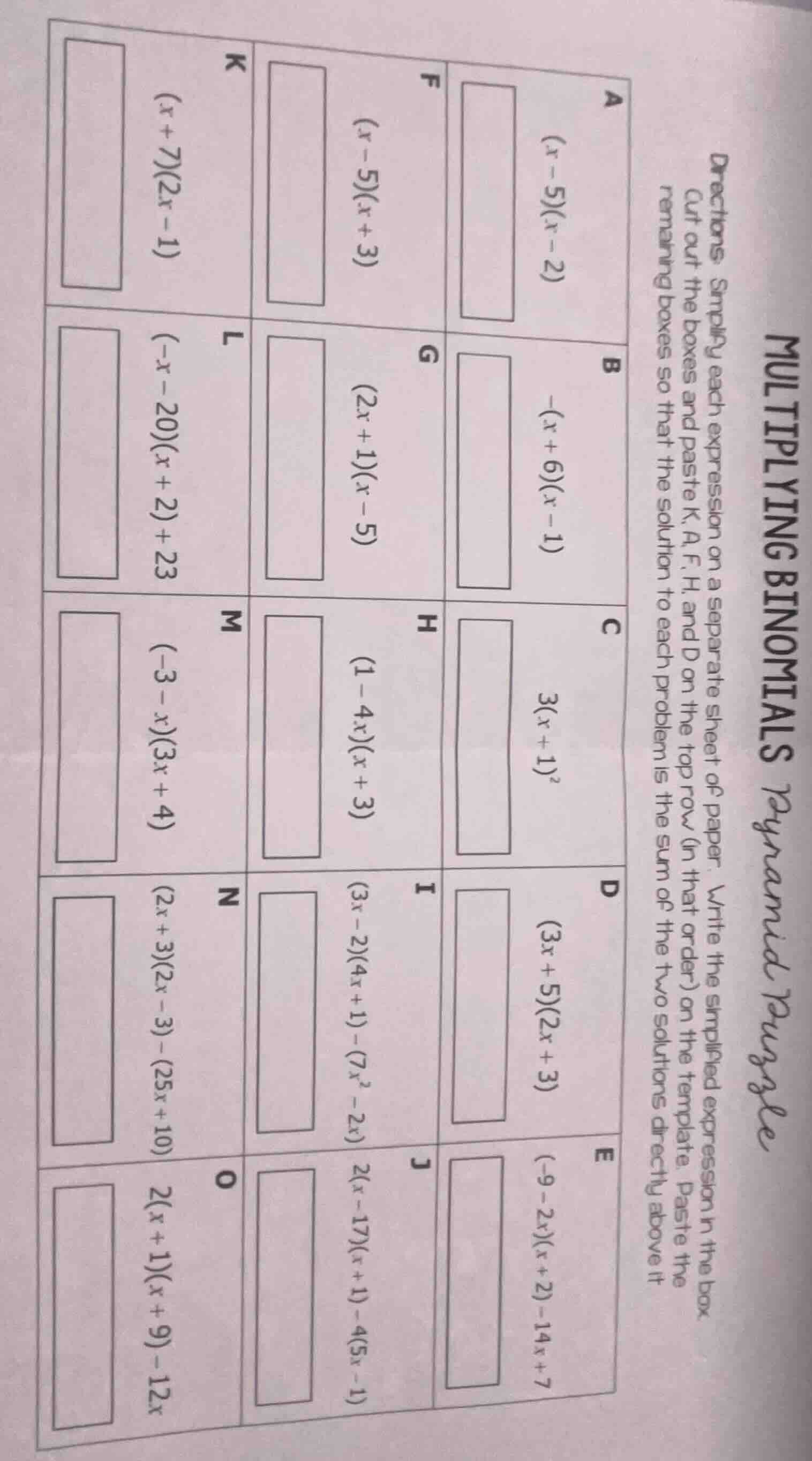 multiplying binomials pyramid puzzle directions: simplify each expressi…