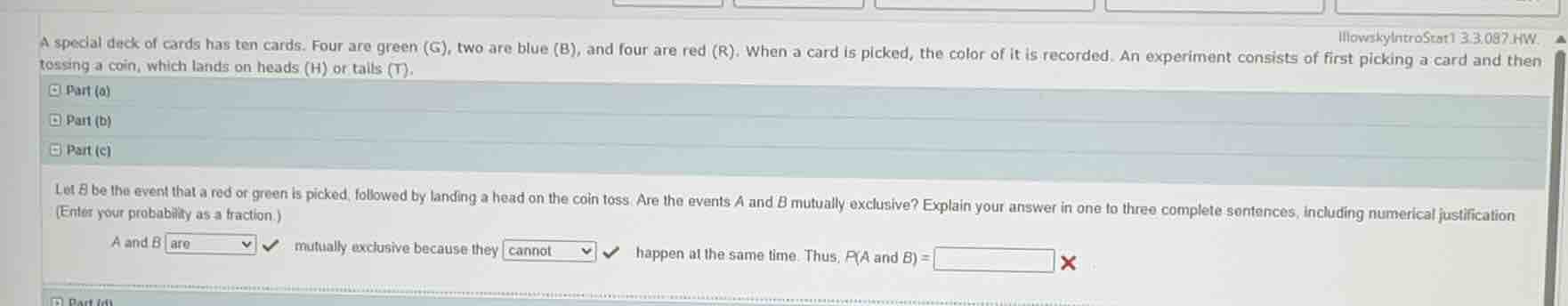 a special deck of cards has ten cards. four are green (g), two are blue…